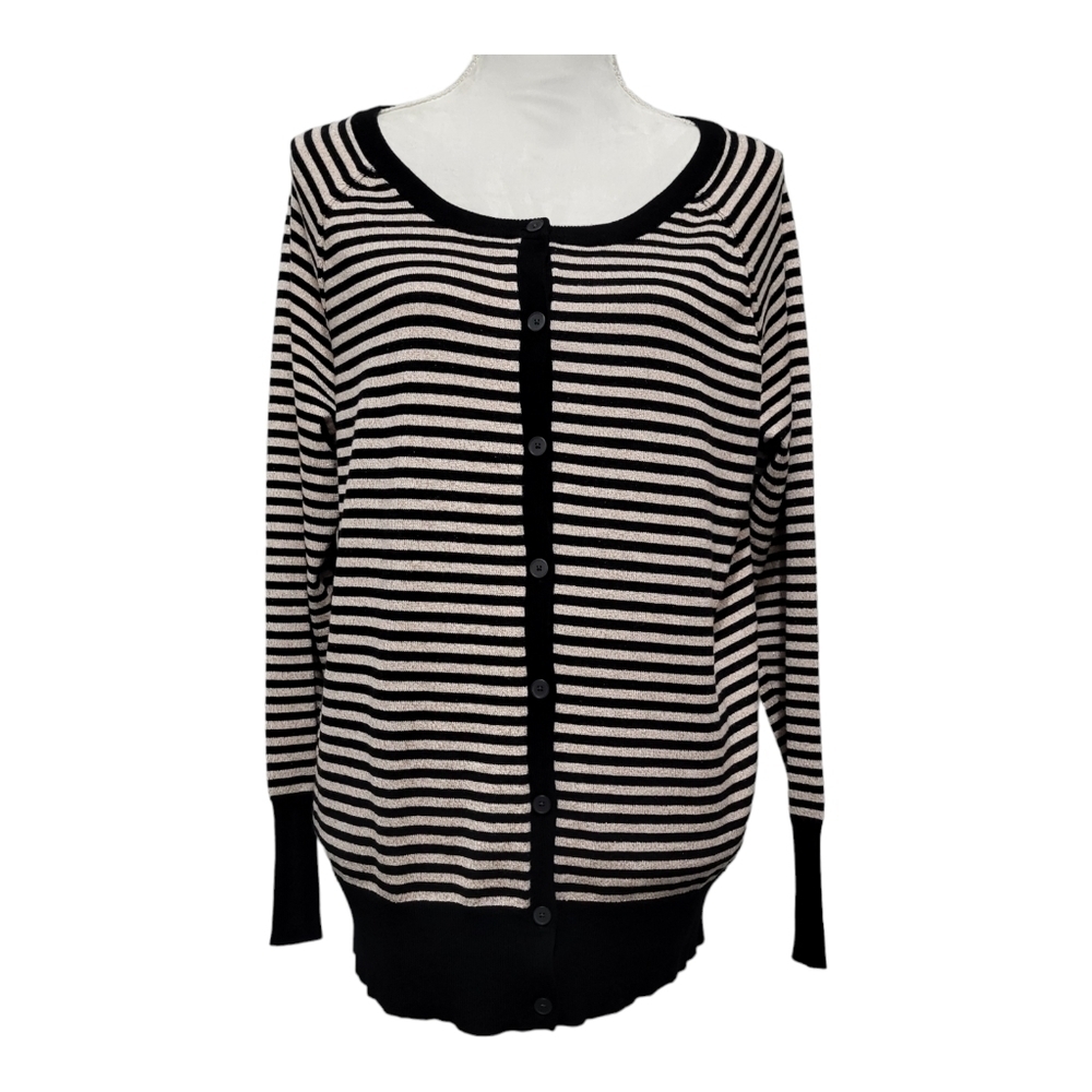 Lane Bryant Metallic Black Stripes Button Front Cardigan Sweater Size 14 / 16